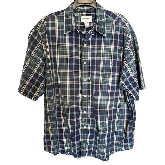 EDDIE Bauer Shirt Mens XL Short Sleeve Button Up Plaid Blue Green Classic Fit - Picture 1 of 7